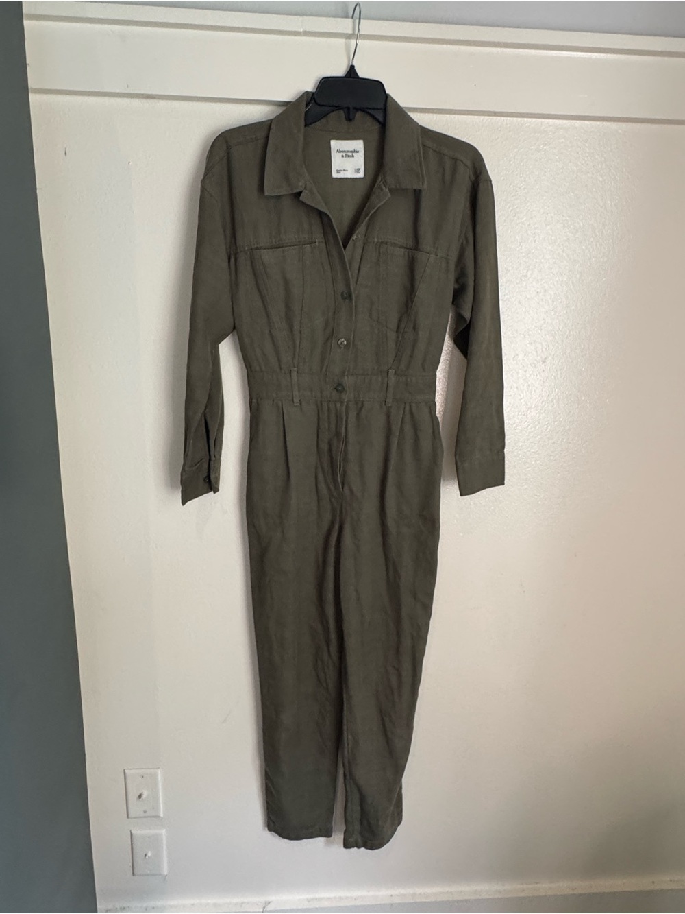 Abercrombie & Fitch Olive Green Utility Jumpsuit XS Petite Linen Blend Romper - Picture 2 of 11